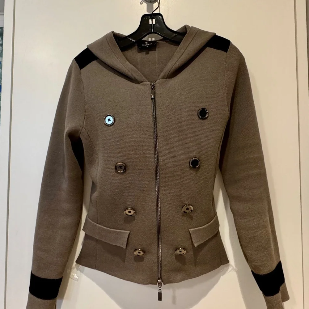 EUROPEAN-DESIGNED TAUPE-GRAY & BLACK HOODIE/CARDIGAN—Size 4 - Picture 2 of 12